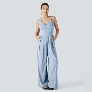 NWT Halara Breezeful Backless Side Pocket Wide Leg Jumpsuit Sz M Ballad Blue